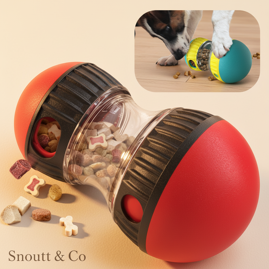 Snoutt Co branded red toy action shot with puppy inset