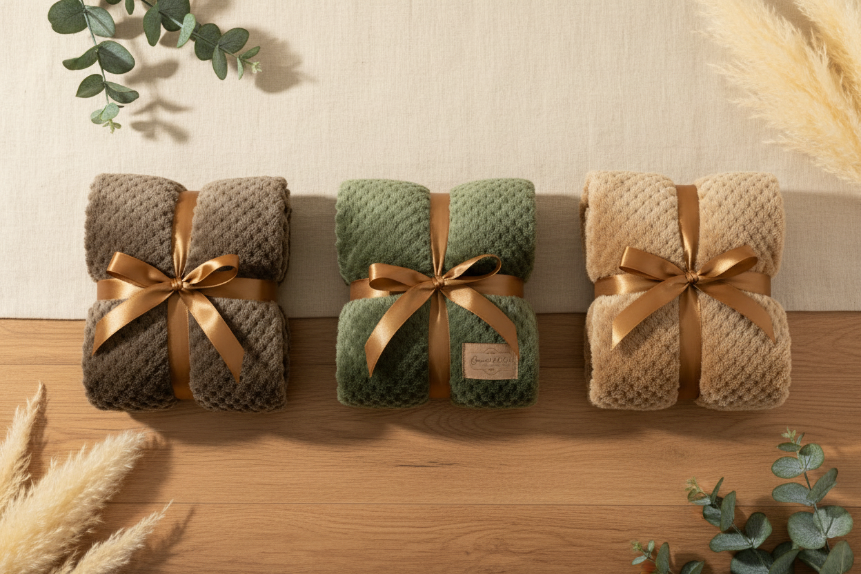 Three blankets with eucalyptus and pampas grass background