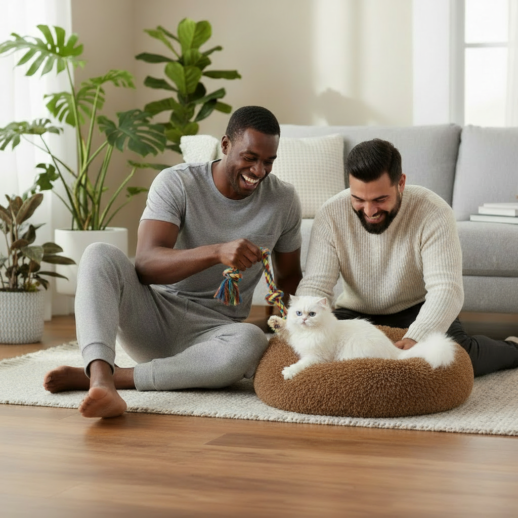 Two Dads with Cat - Brand Consistent Caramel Bed