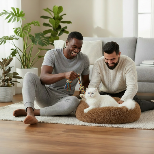 Two Dads with Cat - Brand Consistent Caramel Bed