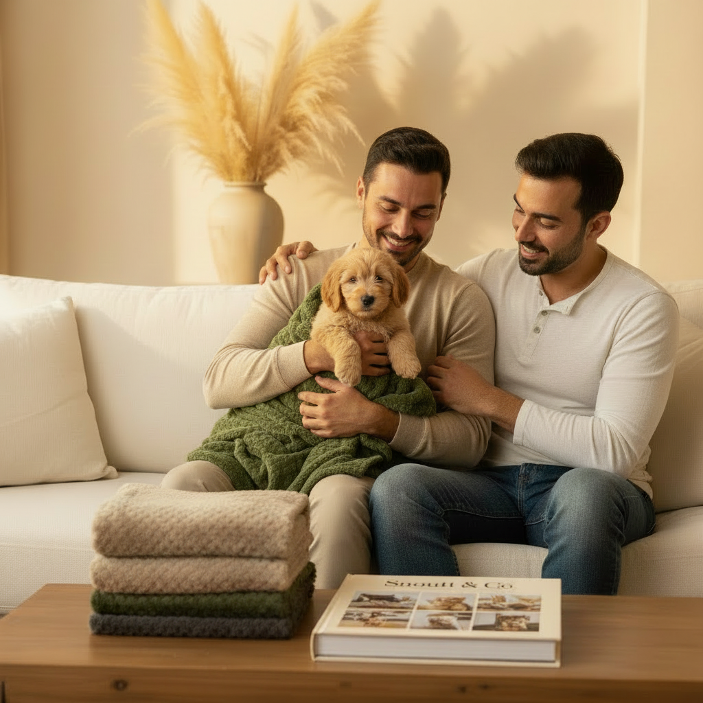 Two pet dads holding full body golden retriever puppy in green blanket
