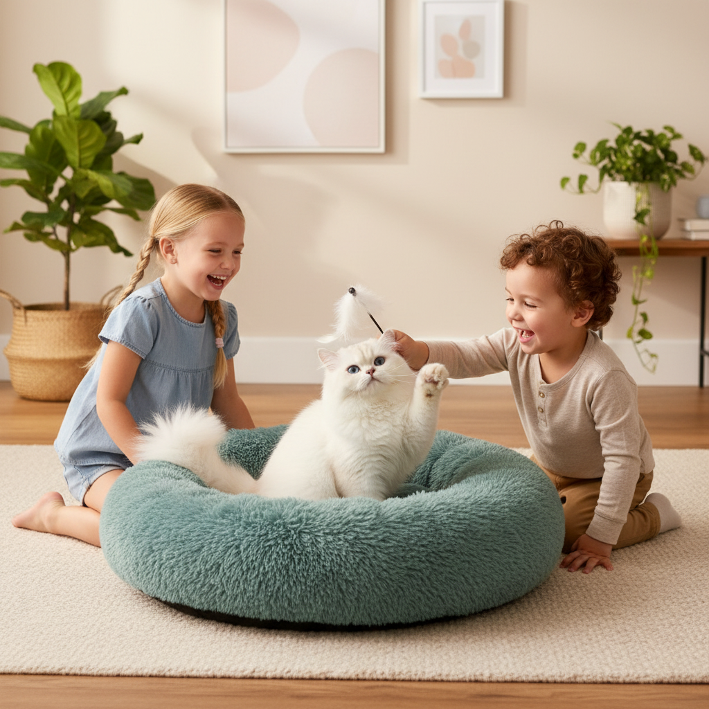 White Cat in Teal Bed - Kids with Feather Toy