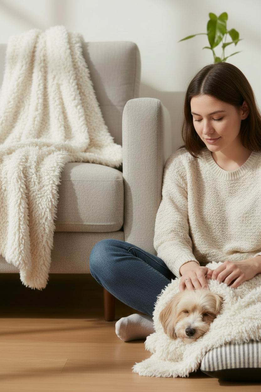 Woman on Floor with Dog and White Shaggy Blanket